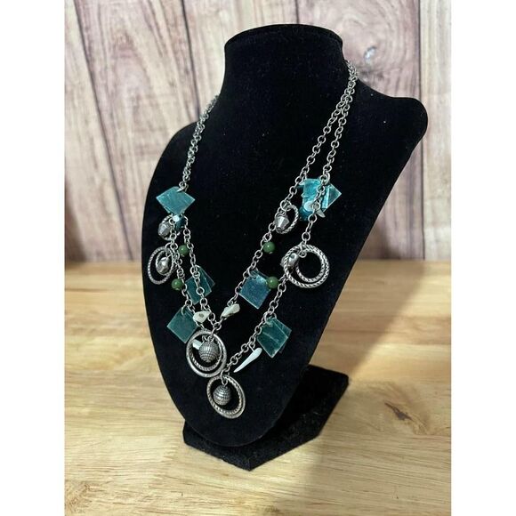 Woman’s Multilayer Teal and Silver Dangles Necklace - Picture 1 of 8